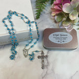 Personalised Aqua Diamante Rosary Beads Gift Box with Plaque for Holy Communion