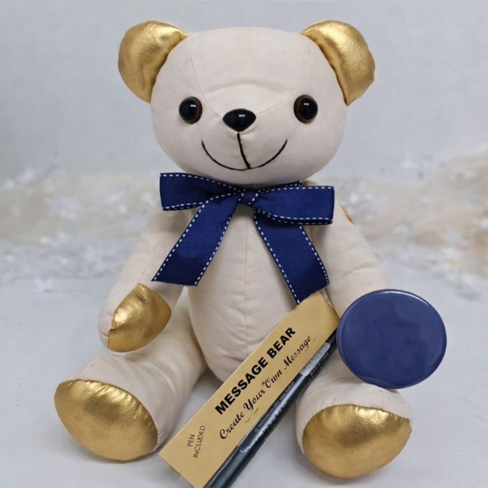 Signature Bear Gold Accents/Blue Bow 100th Birthday with Personalised Badge