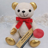 Signature Bear Gold Ears/Red Bow Naming Day Personalised Badge