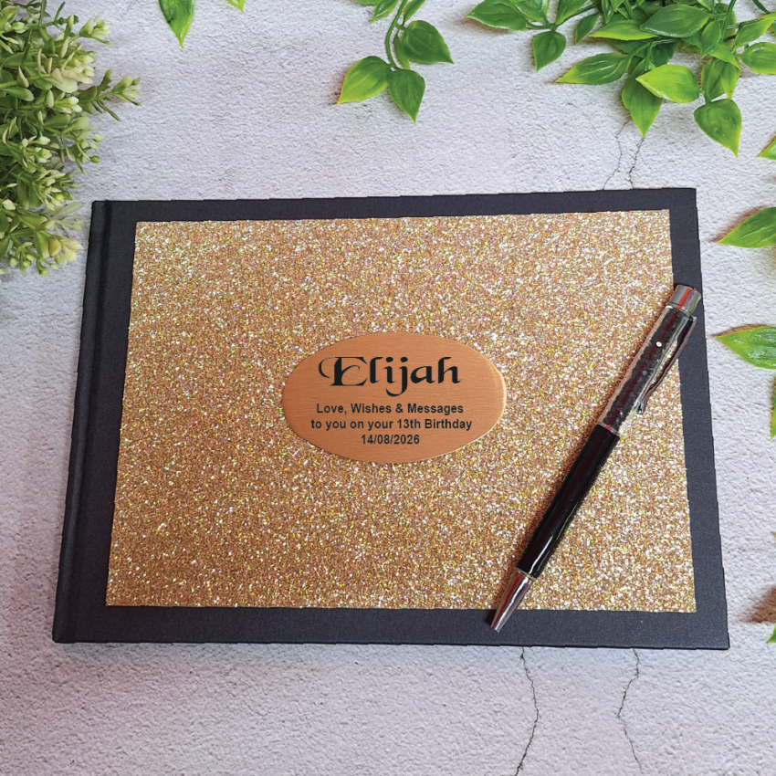 Personalised Gold Glitter Guest Book with Pen A5 – 13th Birthday