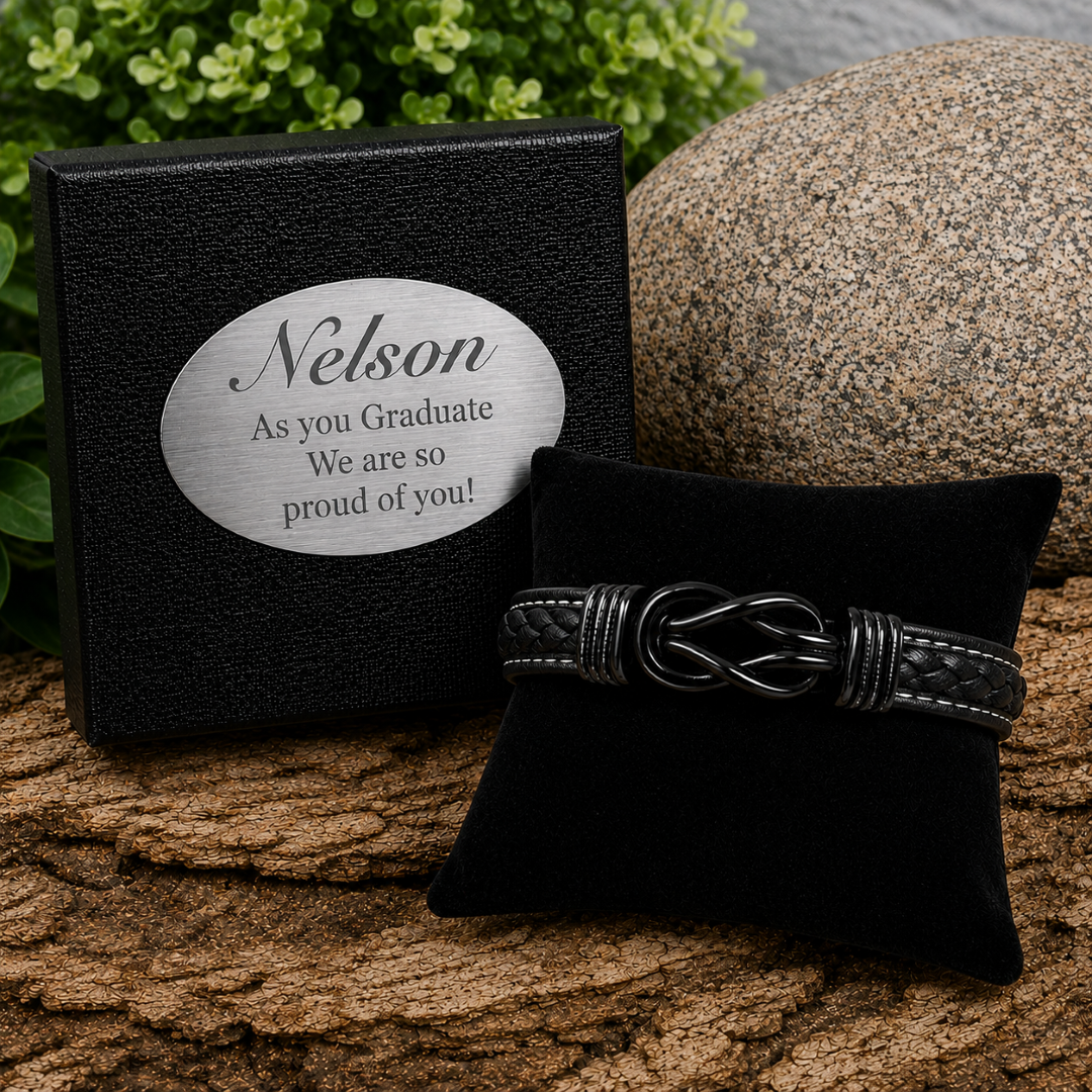 Graduation Personalised Black Knot Black Leather Forever Linked Together Bracelet Gift Box