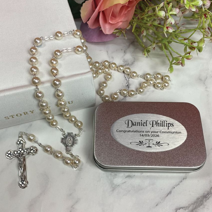 Personalised Pearl Rosary Beads Holy Communion Gift Box with Plaque