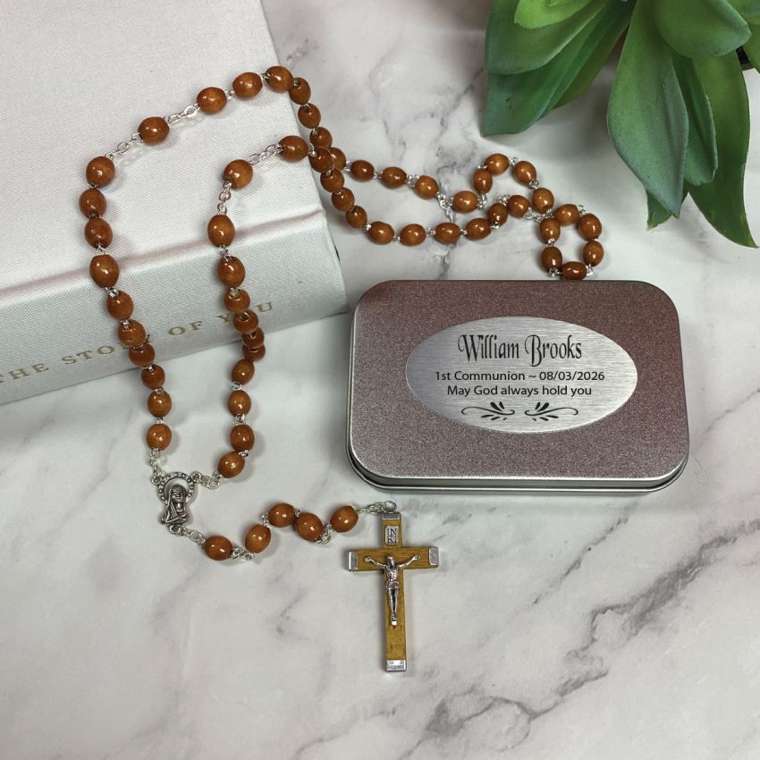 Wooden Rosary Beads for Holy Communion with Personalised Plaque