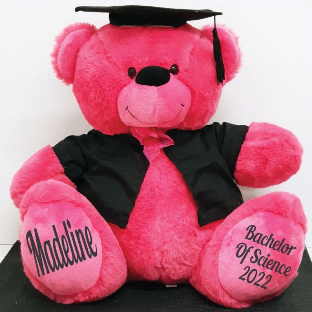 30cm Hot Pink Bear Graduation Bear with Cape and Gown Personalised Message on Feet