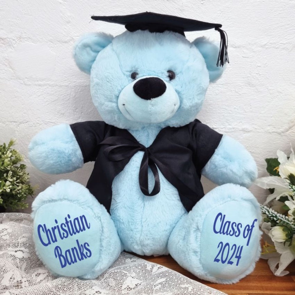 40cm Light Blue Graduation Bear with Cap and Gown – Personalised Message on Feet
