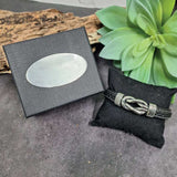 Black Leather Forever Linked Together Silver Knot Bracelet with Custom Message Plaque