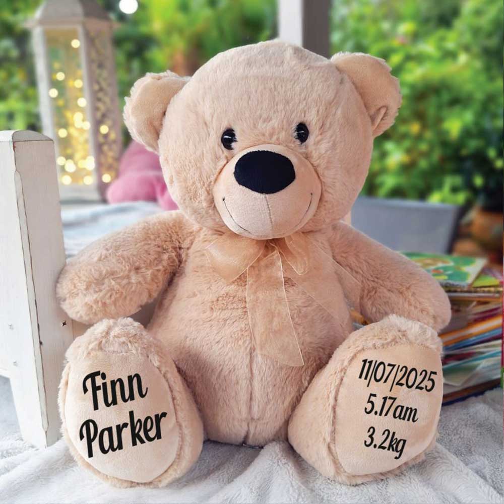 Beige Bear 40cm Baby New Born Personalised Message on Feet