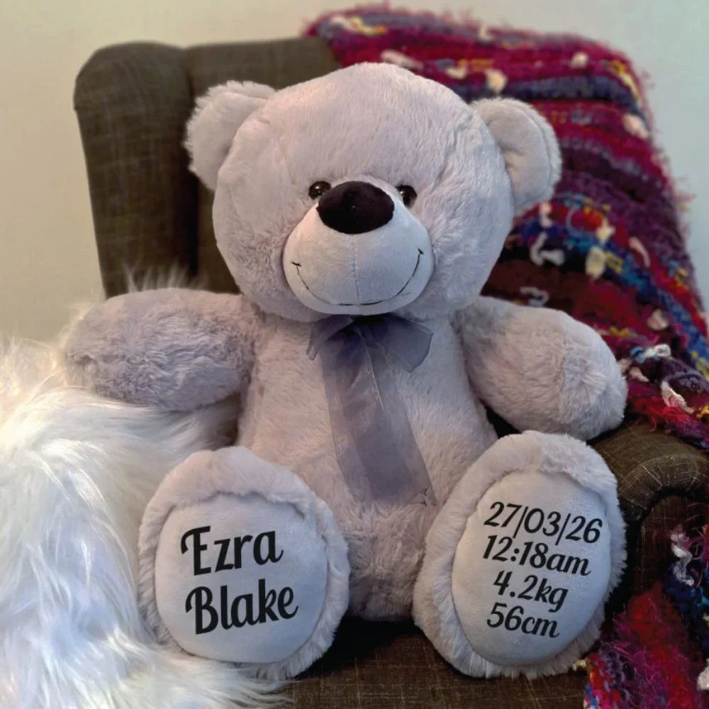 Personalised 30cm Silver Bear New Born Gift with Message on Feet