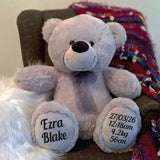 Baby New Born Silver Bear Plush 40cm with Personalised Feet