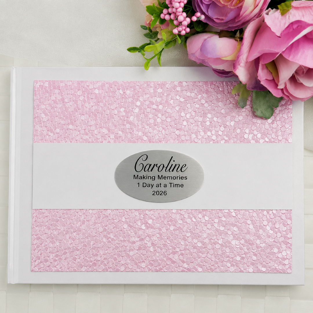 Personalised White Pink Pebble Guest Book with Custom Plaque