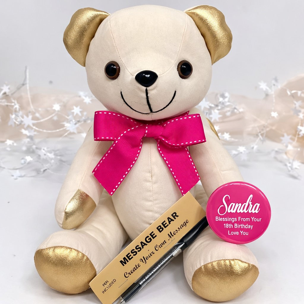 18th Birthday Signature Bear Gold Ears and Feet with Pink Bow and Badge