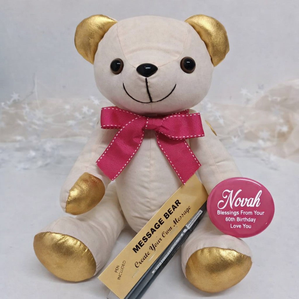 Signature Bear 60th Birthday Gold Ears/Pink Bow Personalised Badge