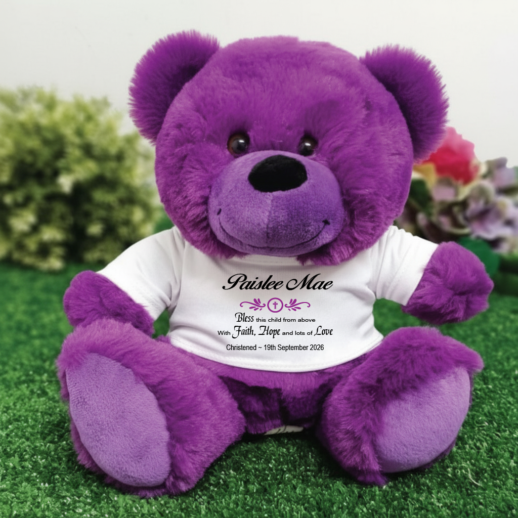 Personalised Purple Christening Bear with Printed Shirt – Faith Keepsake Gift
