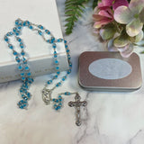 Aqua Diamante Rosary Beads Naming Day with Plaque Inscription