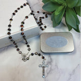 Personalised Black Murano Rosary Beads Gift Box with Plaque for Christening