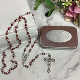 Naming Day Red Diamante Rosary Beads Gift Box with Personalised Plaque