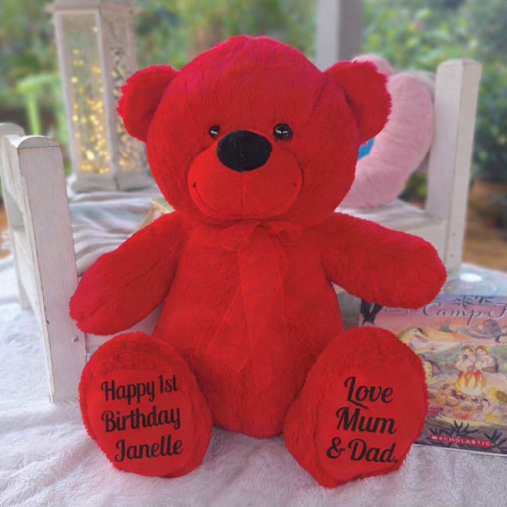 Personalised 40cm Red Bear for 1st Birthday with Feet Message