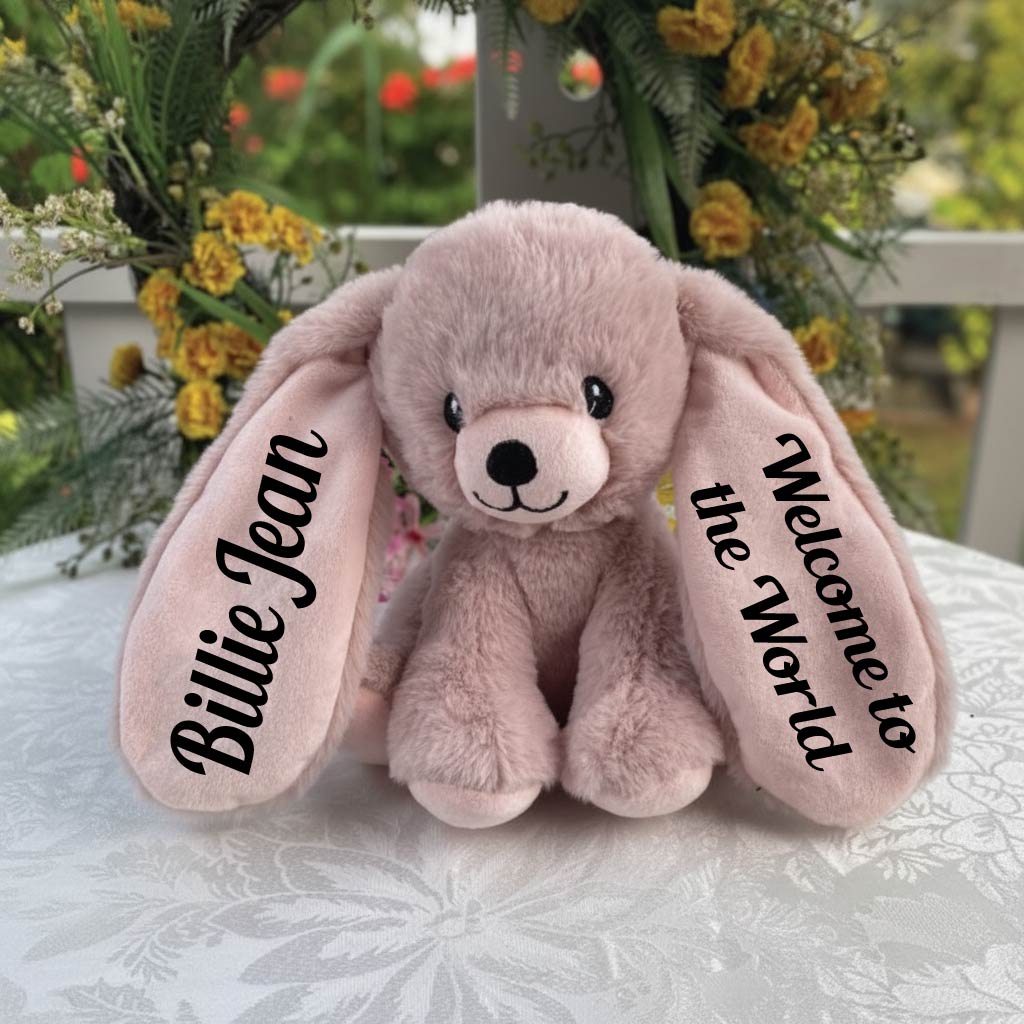 Remi Pink Bunny 22cm Newborn Gift with Message on Ears