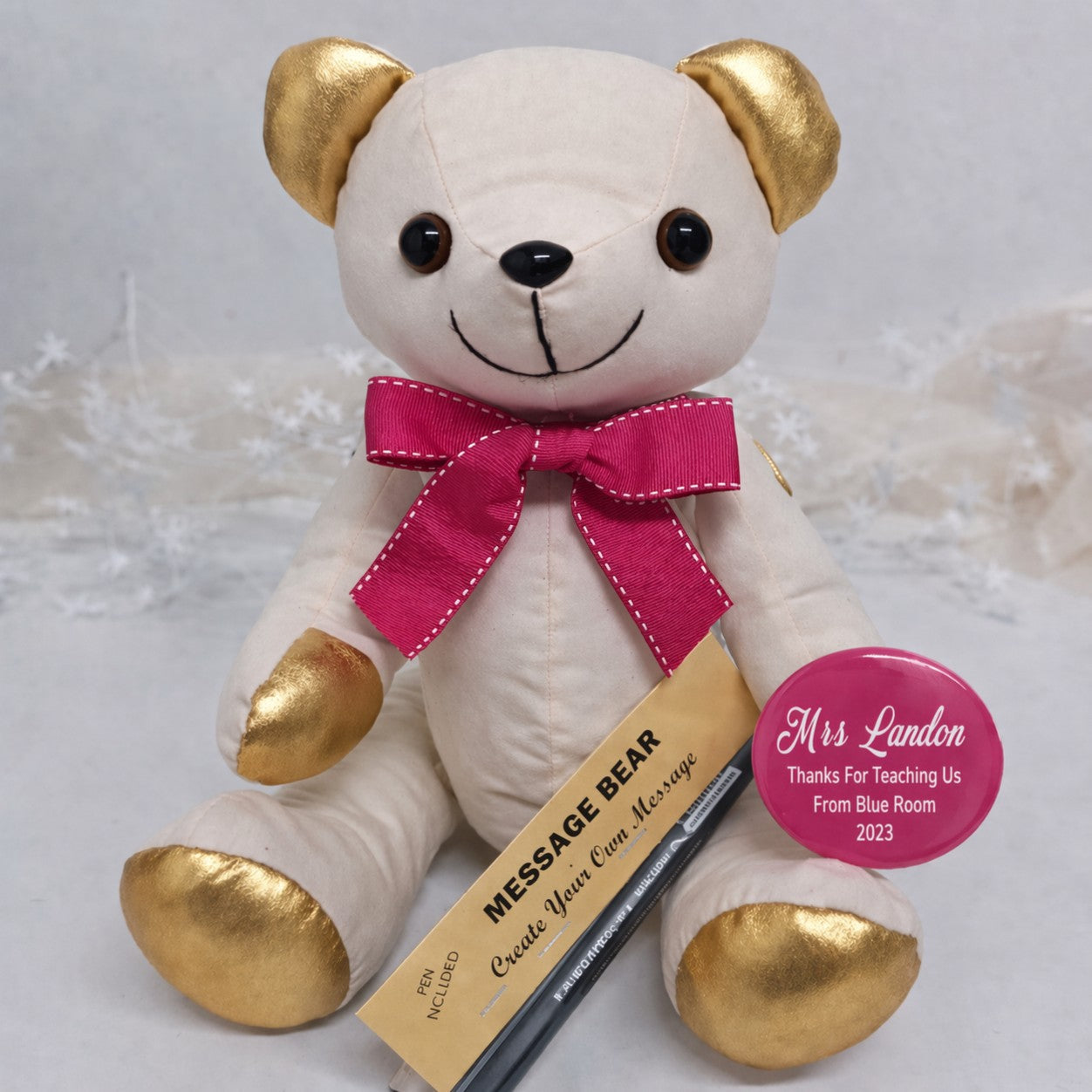Signature Bear Teacher Gift Gold Ears/Pink Bow with Message on Badge