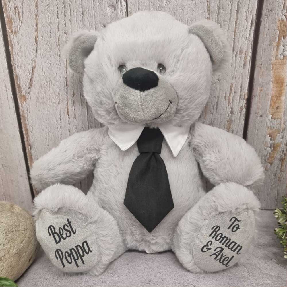 30cm Silver Bear with Black Tie Pop Message on Feet