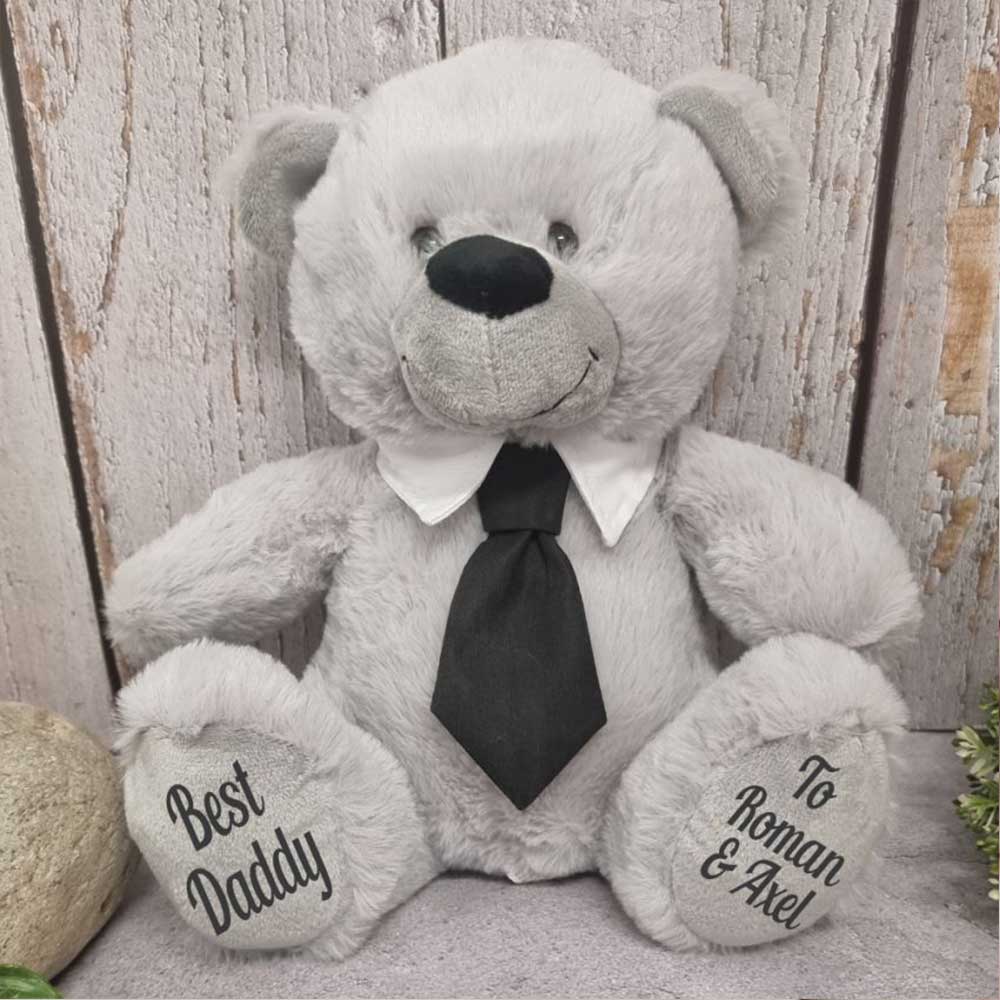 30cm Silver Bear with Black Tie for Dad – Message on Feet