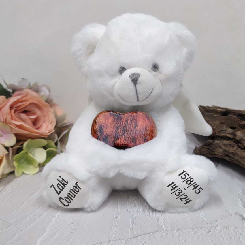23cm Angel Memorial Bear with Wood Urn Personalised on Feet