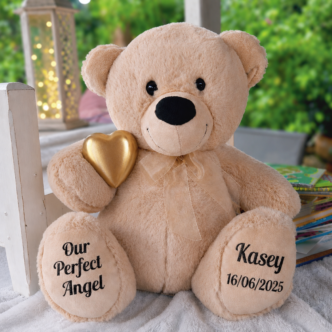 Personalised Zipper Bear with Gold Urn – Memorial Message on Feet