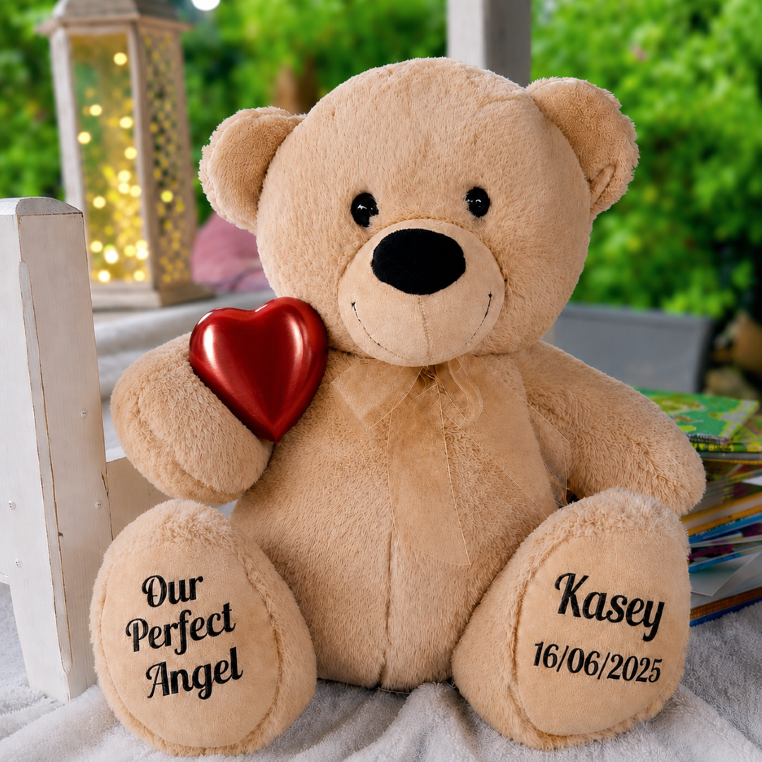 Zipper Bear 40cm with Red Urn Memorial Personalised Message on Feet