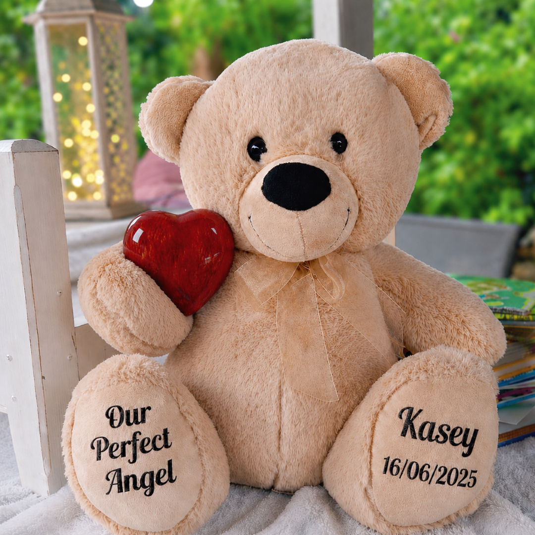Zipper Bear 40cm with Red Wood Urn – Memorial Message on Feet