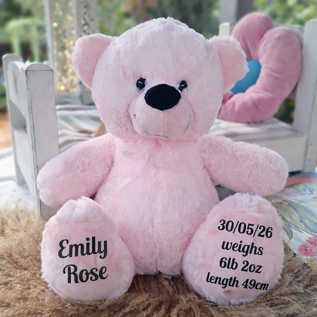 Baby Newborn Bear Light Pink Bear 30cm Personalised on Feet