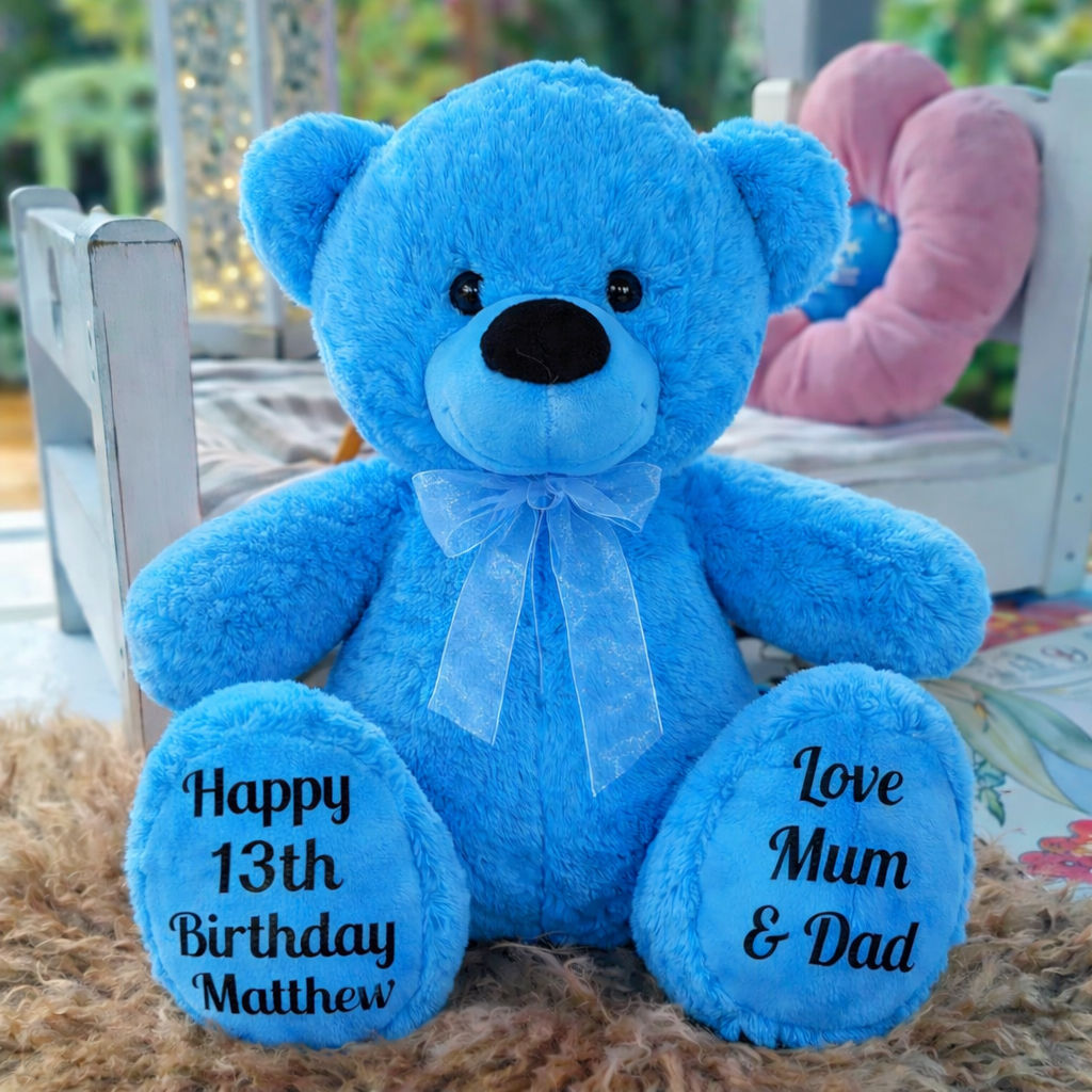 Bright Blue Bear 40cm – 13th Birthday Personalised on Feet