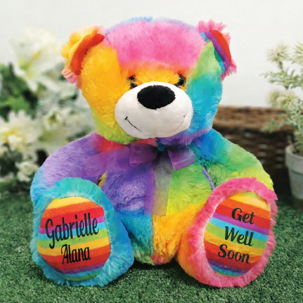 Rainbow Bear 30cm Get Well Soon Personalised Message on Feet