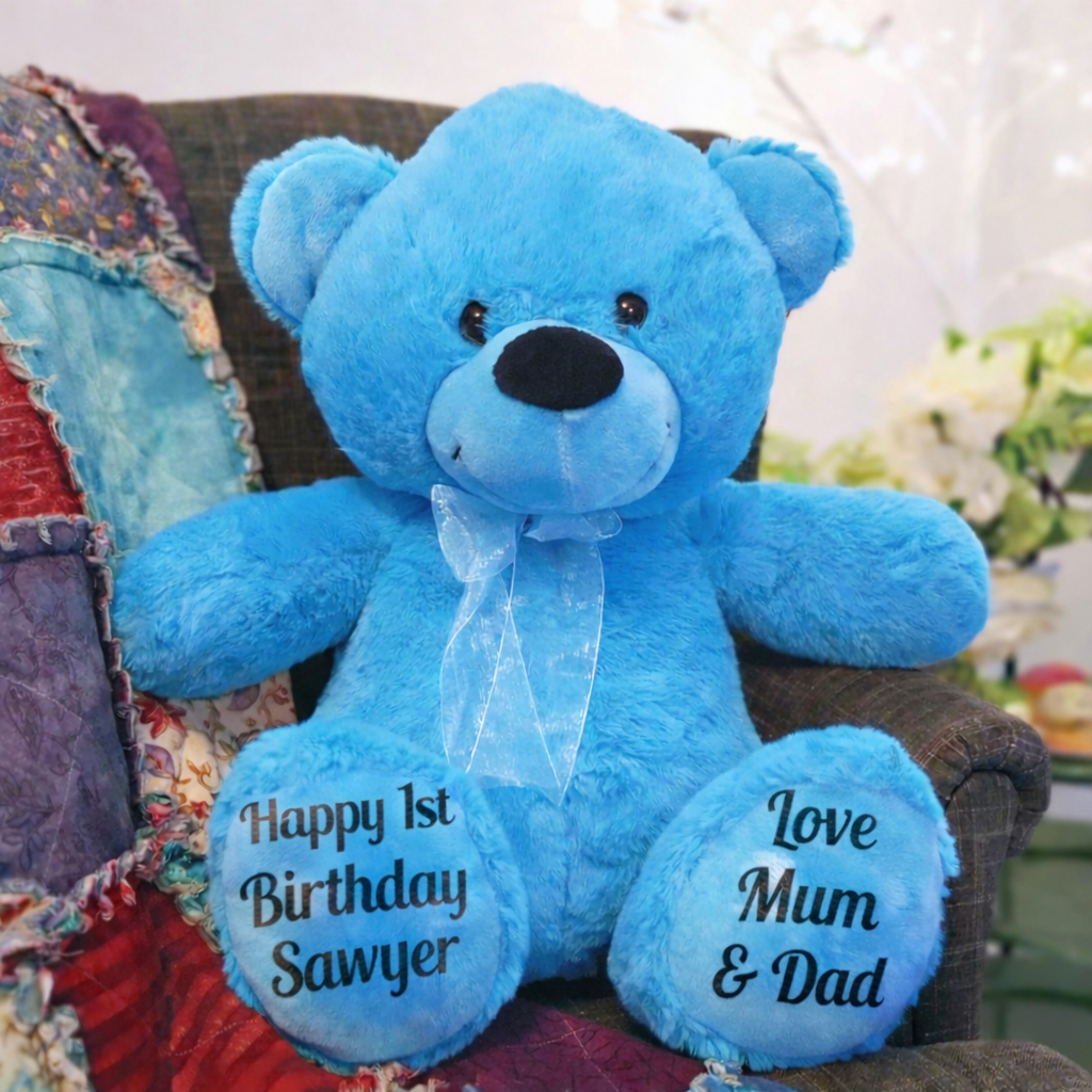 Bright Blue Bear 30cm 1st Birthday Personalised Message on Feet