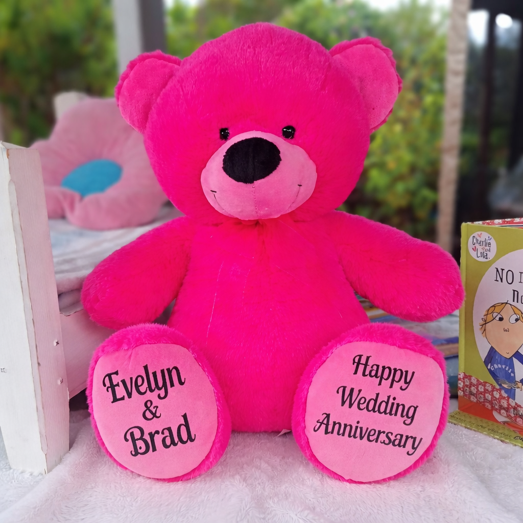 Hot Pink Bear 30cm Anniversary Personalised Message on Feet