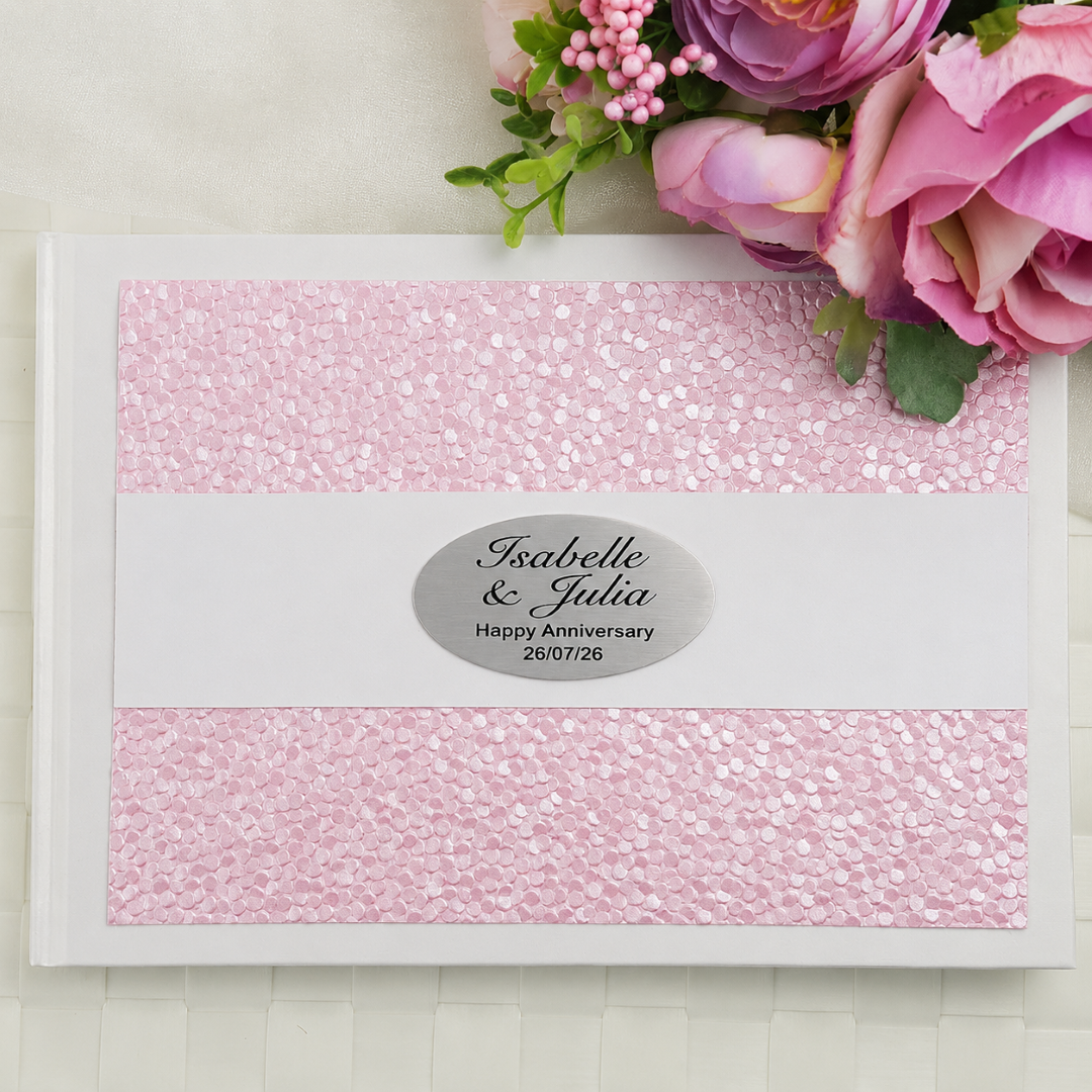 Personalised White Pink Pebble Anniversary Guest Book with Custom Plaque