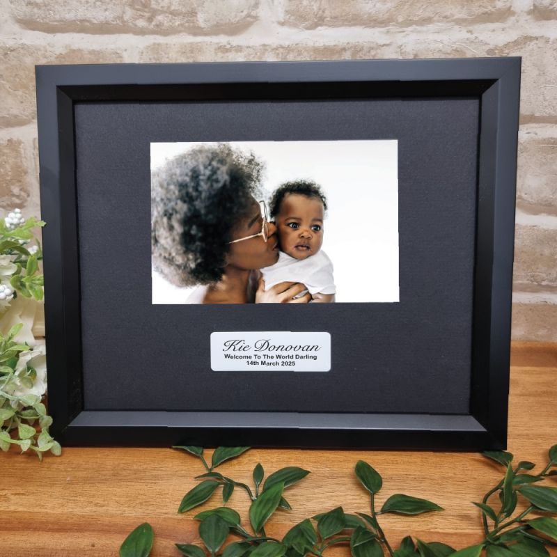 Personalised New Baby 6x4 Black Timber Photo Frame with Message Plaque