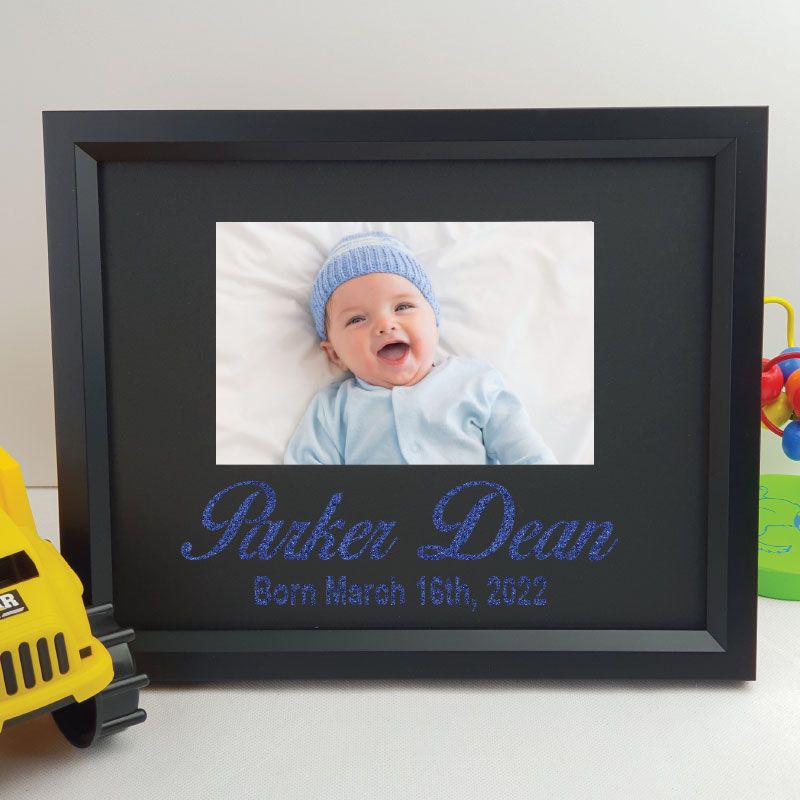 Personalised new baby 6x4 landscape black photo frame with glitter vinyl message – image 2