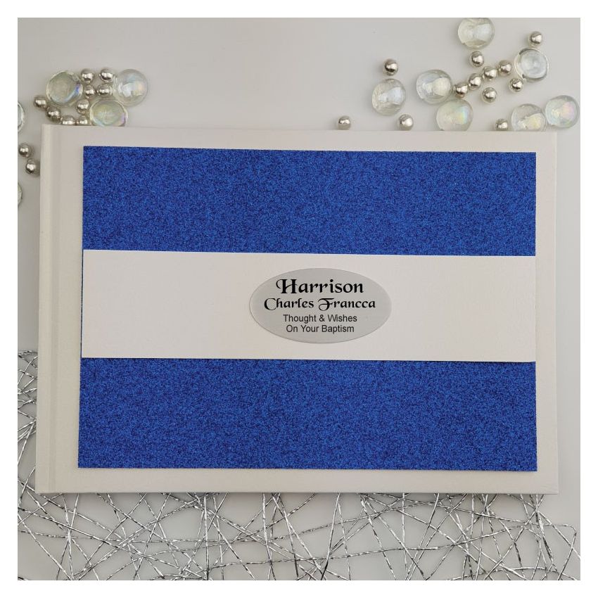 White Book with Blue Glitter Baptism Signature Book A5