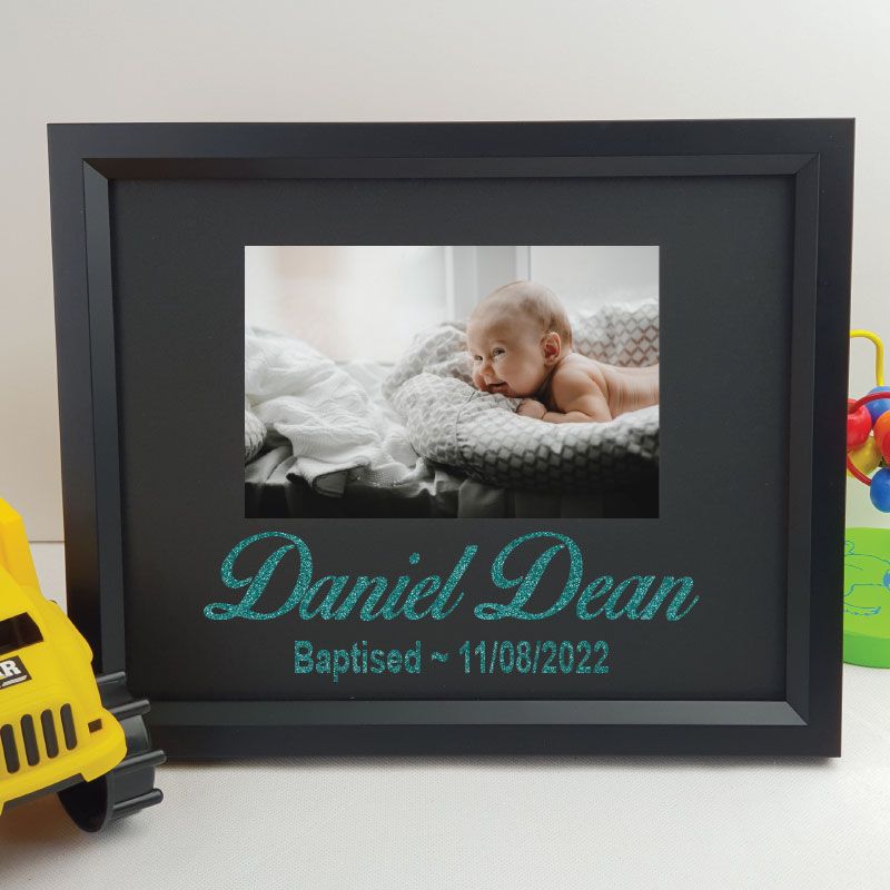 Personalised baptism 6x4 landscape black photo frame with glitter vinyl message – image 2
