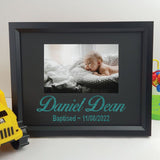 Personalised baptism 6x4 landscape black photo frame with glitter vinyl message – image 1