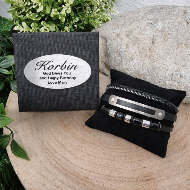 Birthday Multilayer Leather and Steel Bracelet with Personalised Plaque