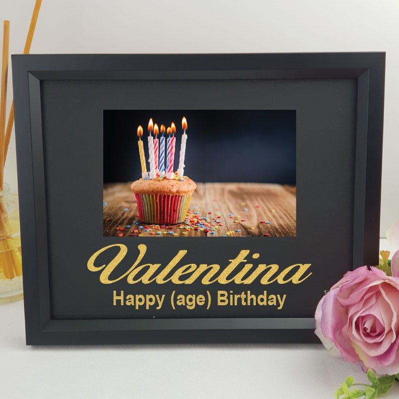Personalised 100th birthday 6x4 landscape black photo frame with glitter vinyl message – image 1