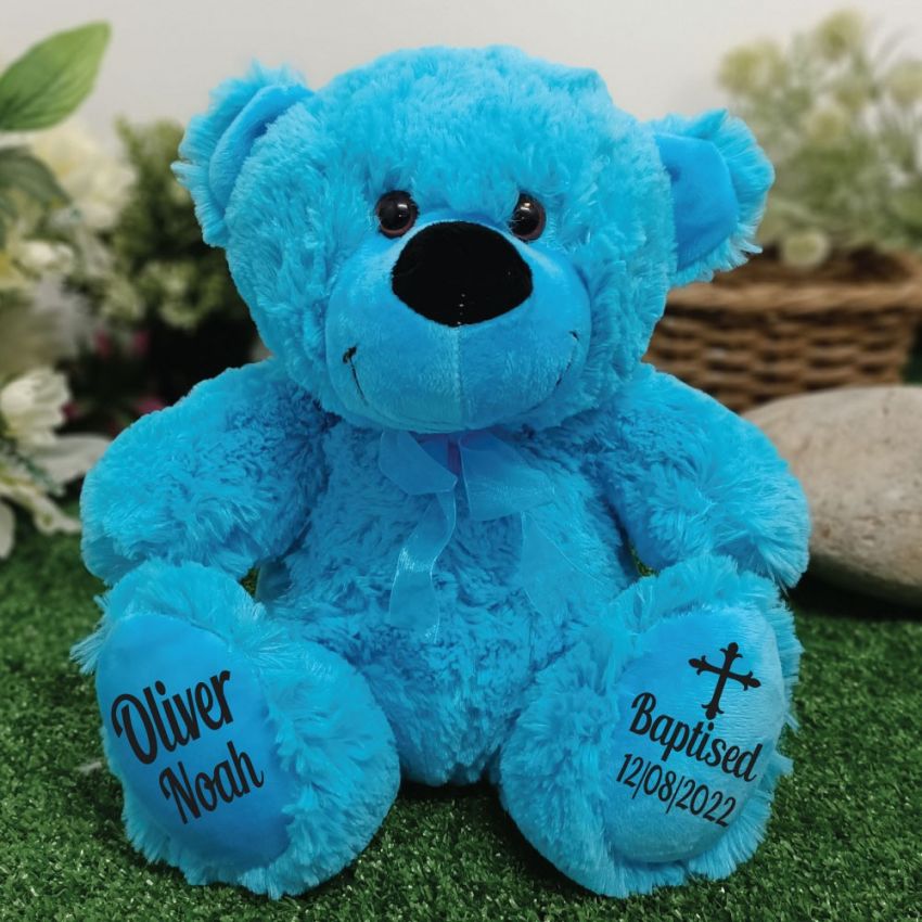 Bright Blue Bear 30cm Baptism Personalised on Feet