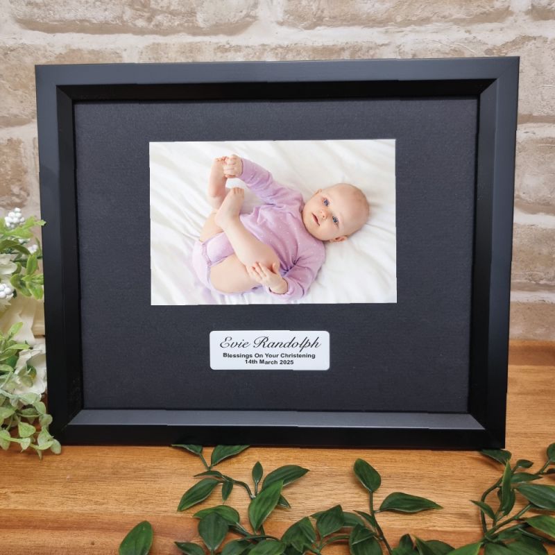 Personalised Christening 6x4 Black Timber Photo Frame with Message Plaque
