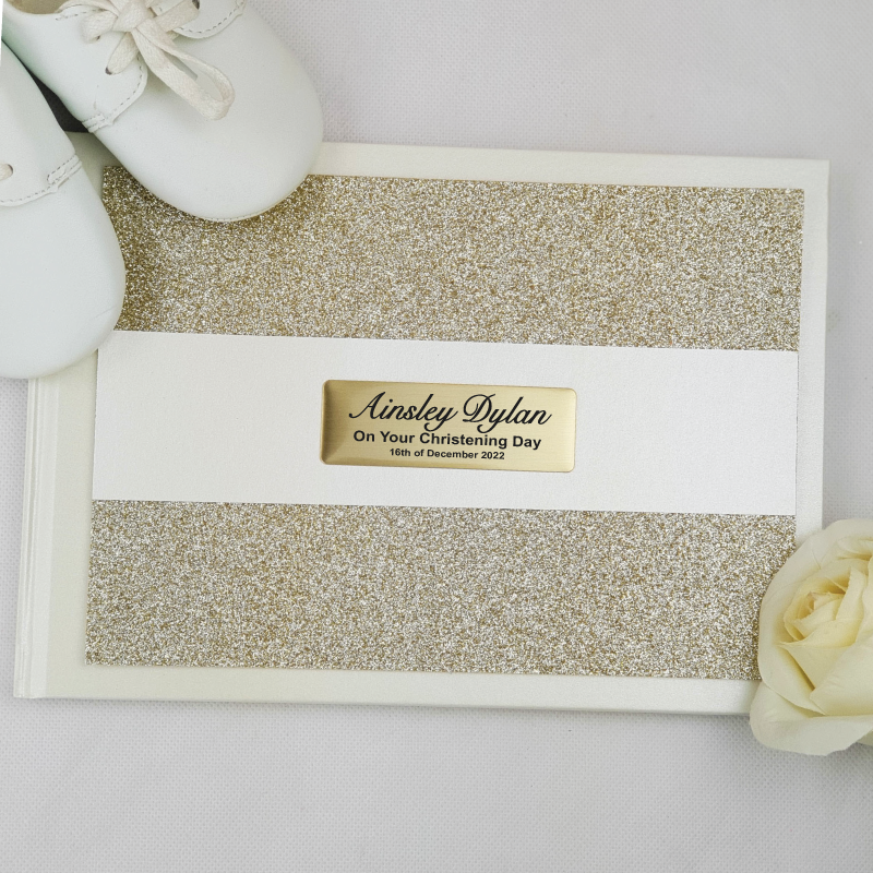 Personalised Guest Book White Gold Glitter A5 Christening