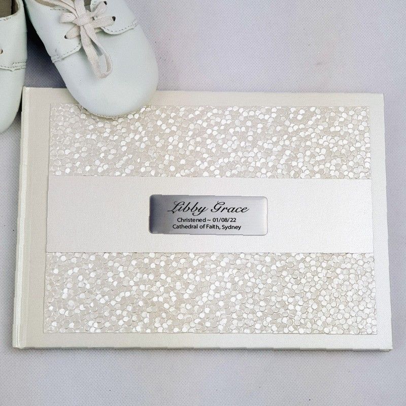 Personalised Cream Pebble Christening Guest Book with Custom Plaque