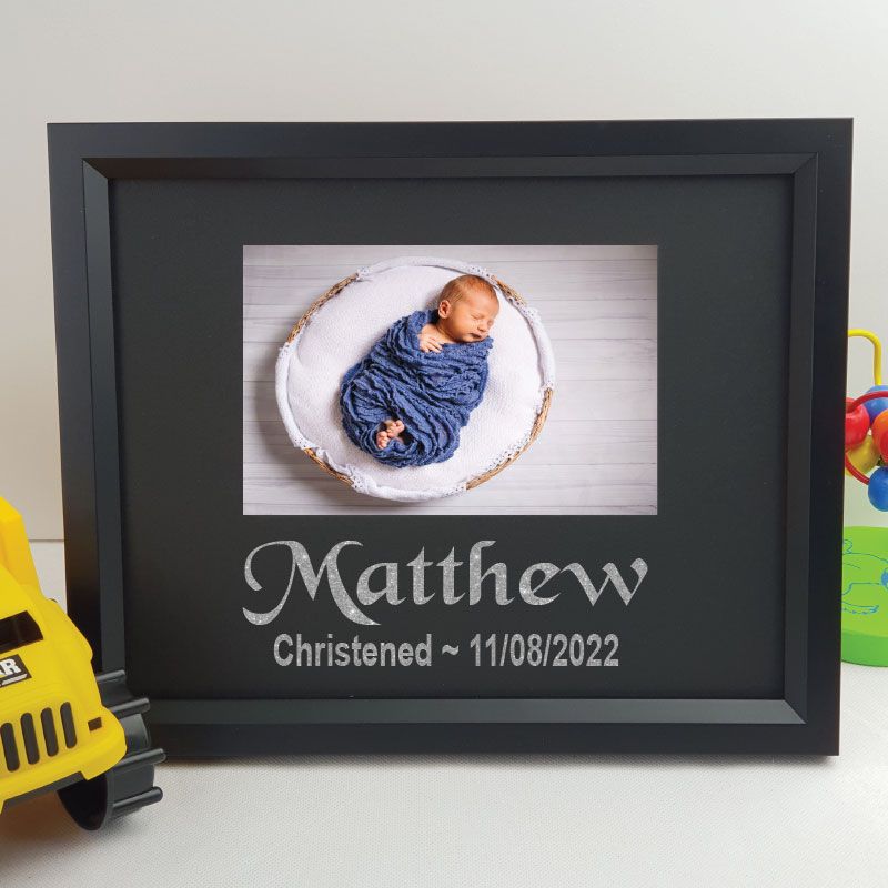 Personalised christening 6x4 landscape black photo frame with glitter vinyl message – image 1