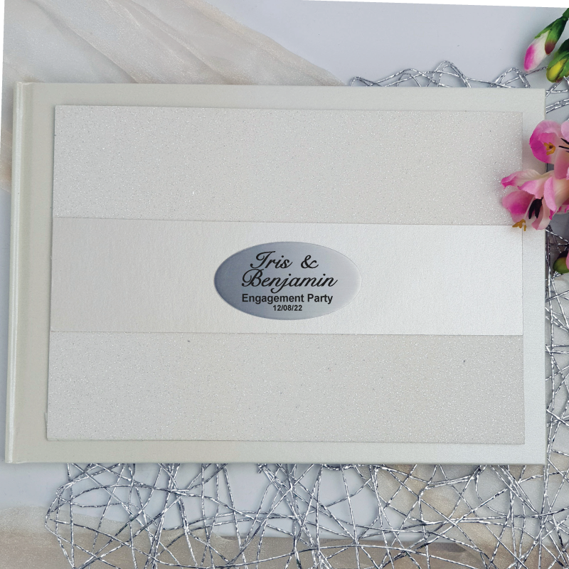 Personalised Cream Glitter Engagement Guest Book with Custom Plaque