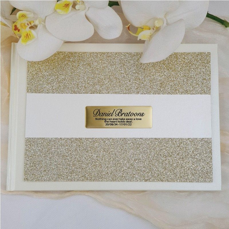 Personalised Guest Book White Gold Glitter A5 Memorial