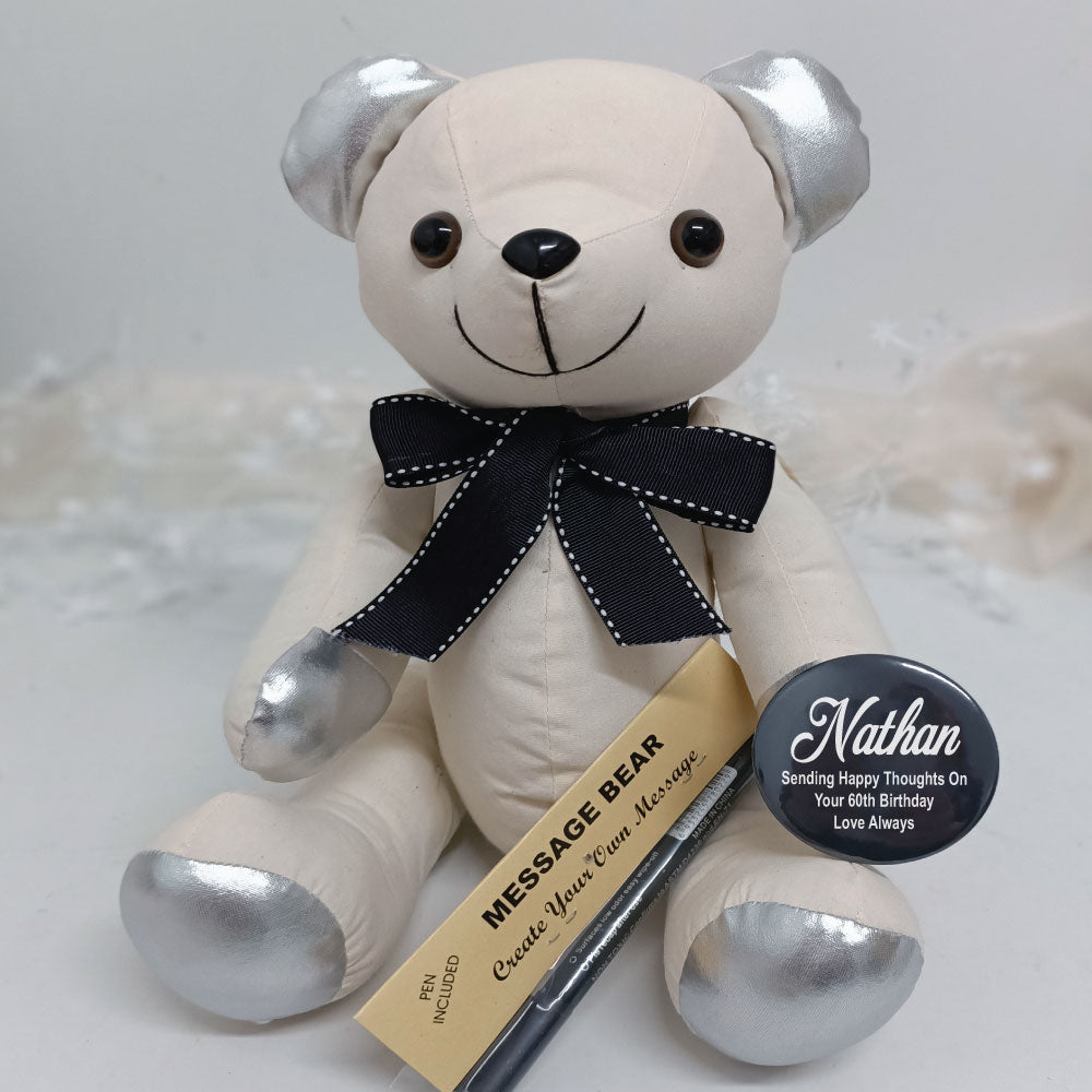 60th Birthday Signature Bear with Personalised Birthday Badge Silver Ears Black Badge